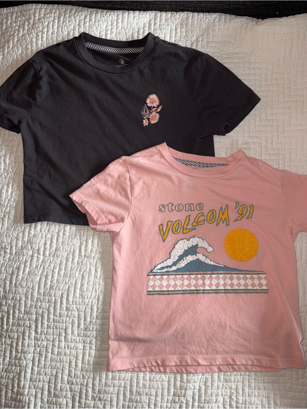 Volcom Kids Pink Graphic Tee with Yellow Sun & Black Floral Crop Tee